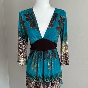 Teal and Brown V-Neck Dress Size M